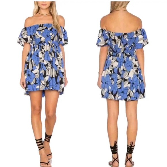 Free People Louise Floral Off The Shoulder Smocked Bodice Mini Dress XS Blue - Picture 2 of 10